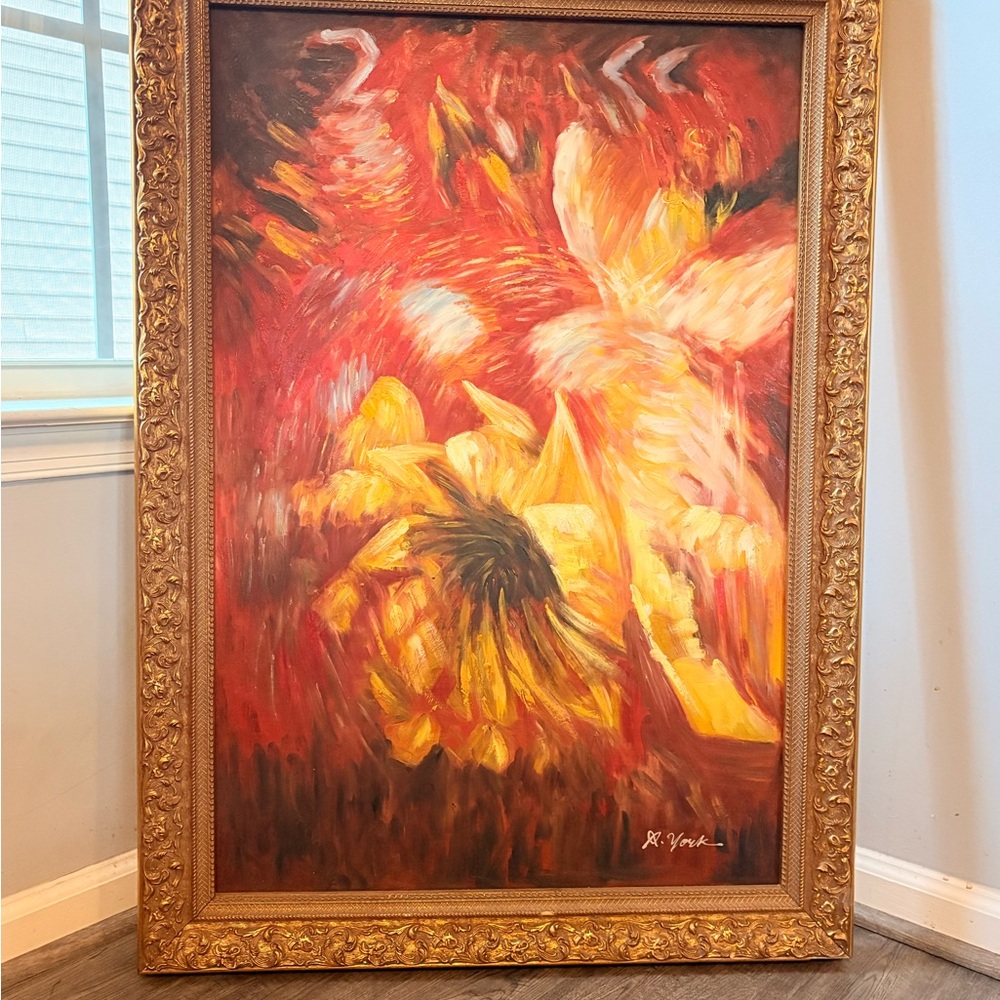 Dynamic Red and Yellow Abstract Floral Painting